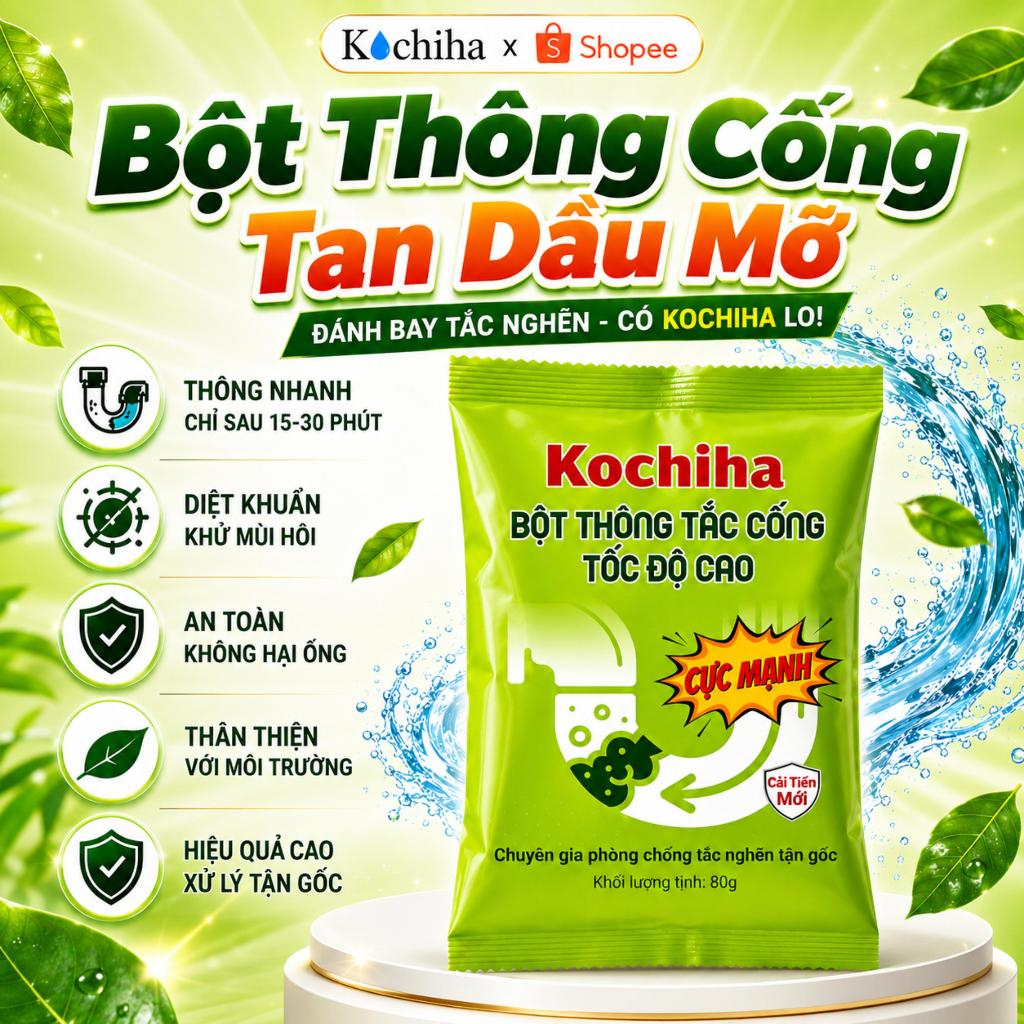 Bột Thông Cống Tan Dầu Mỡ KOCHIHA Cho Bồn Rửa Chén, Xử Lý Nghẹt Cống Nhà Bếp, Nước Rút Chậm 80g