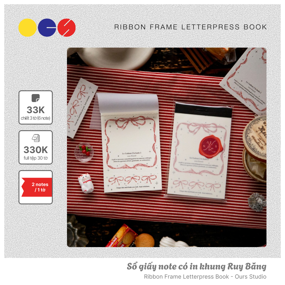 Chiết 3 tờ - Sổ giấy note - hãng Ours Studio - Ribbon Frame Letterpress Book - Trang Trí Sổ Bullet J