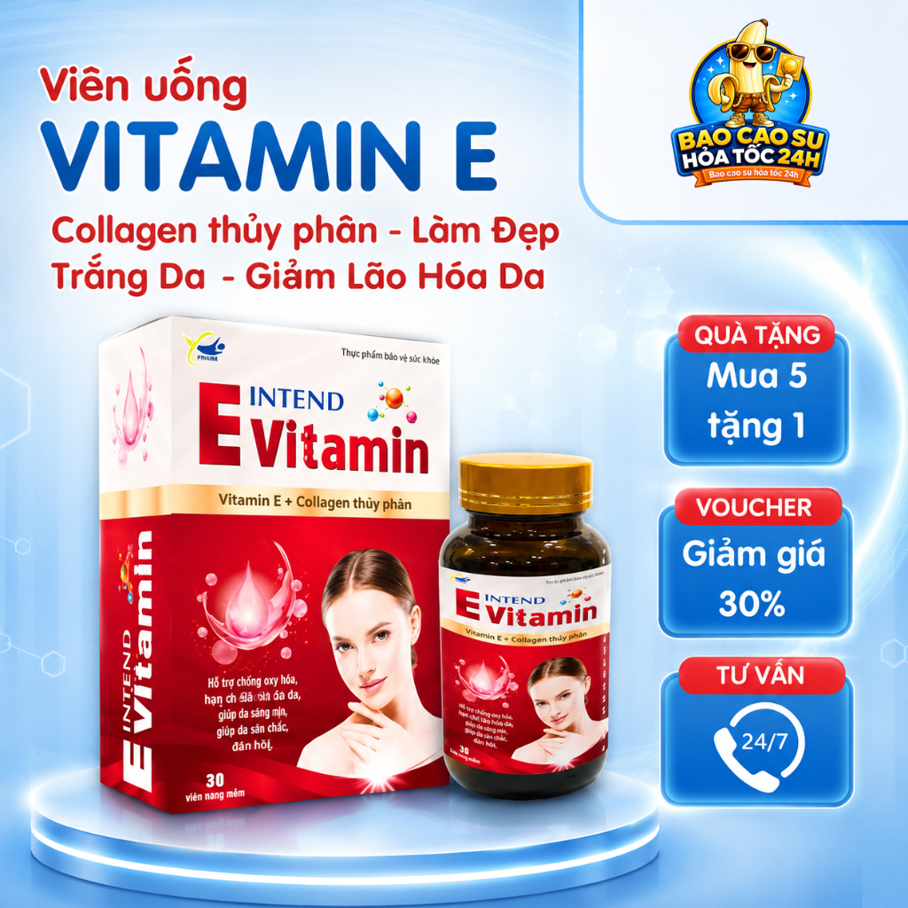 Viên Uống Trắng Da Vitamin E Đỏ, Collagen Thủy Phân Intend, giúp sáng đẹp da, mờ nám sạm hộp 30 viên