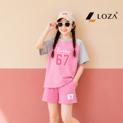 Đồ bộ Barbie 67 cho bé gái -Quần áo bé gái size từ 15-40kg gồm áo thun và quần đùi - Loza Kids FB689