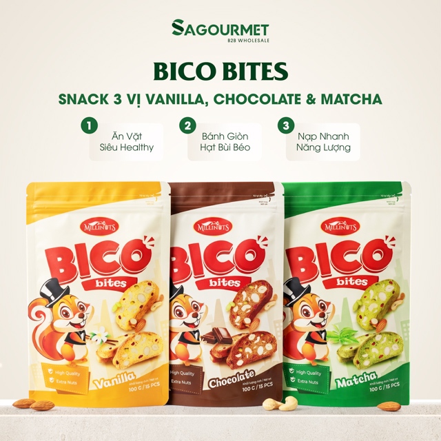 Bánh Snack Biscotti Bico Bites Millinuts - Sagourmet - Hương Vị Vanilla / Chocolate / Matcha [Date 1