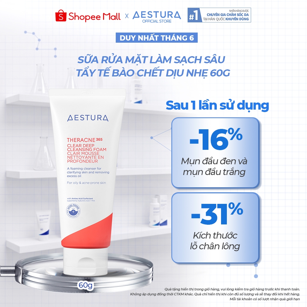 Sữa rửa mặt tạo bọt làm sạch sâu và dưỡng ẩm dành cho da dầu mụn AESTURA THERACNE365 Clear Deep Clea