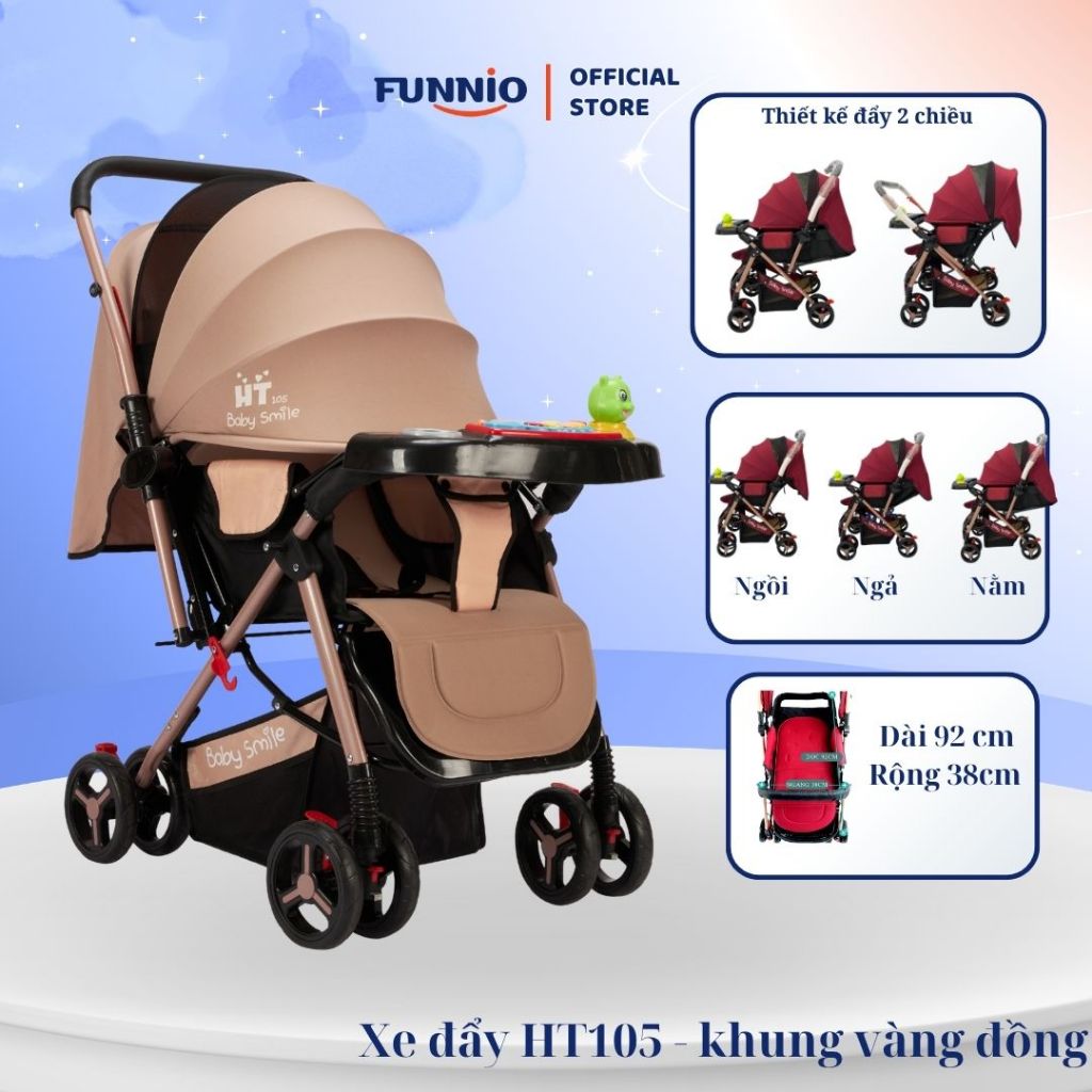 Xe đẩy gấp gọn cho bé Funnio HT105 khung vàng đồng đẩy 2 chiều, 3 tư thế nằm ngả ngồi phù hợp với bé