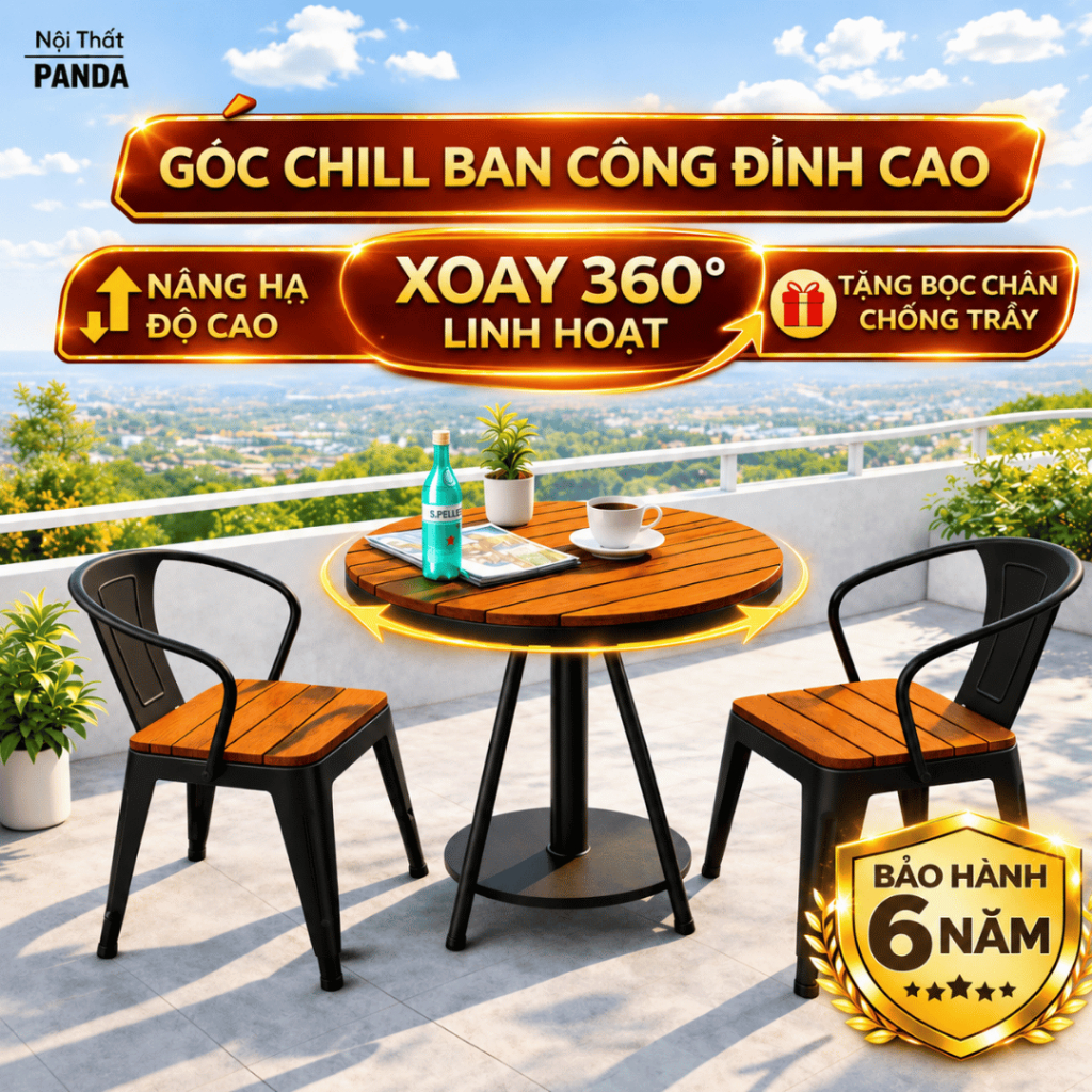 Bộ Bàn Ghế Cafe Ngoài Trời Mặt Gỗ Khung Kim Loại Kiểu Dáng Hiện Đại, Bàn Ghế Ban Công Thư Giãn Mặt Bàn Có Thể Xoay