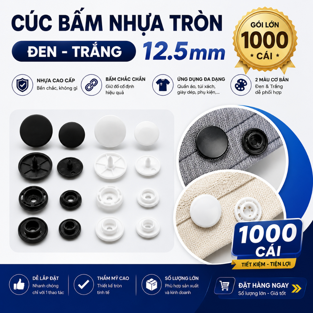1000 Cái Cúc Bấm Nhựa Tròn Đen Trắng 12.5mm, Nút Bấm Nhựa, Cúc Bấm Nhựa Dùng Với Kìm Bấm Cúc Hoặc Má