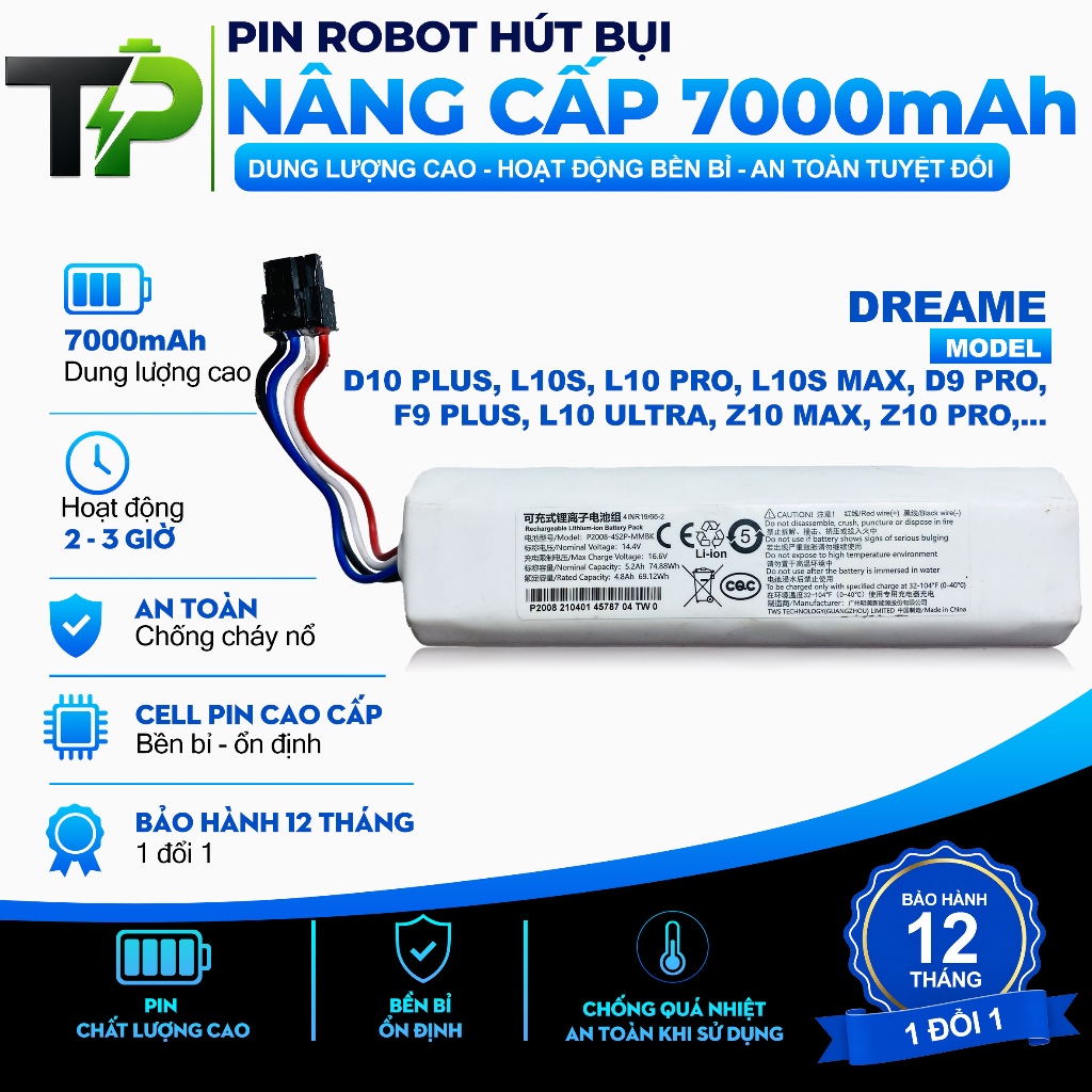 PIN ROBOT HÚT BỤI NÂNG CẤP THAY THẾ  D10 PLUS, L10S, L10 PRO, L10S MAX, D9 PRO, F9 PLUS, L10 ULTRA, 
