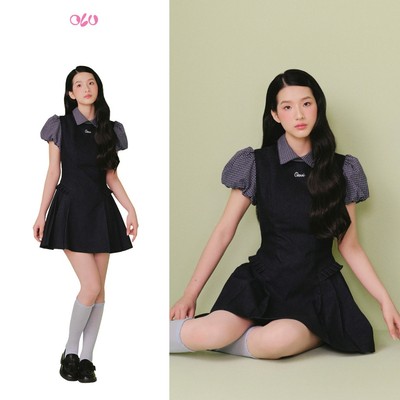Đầm OLV chữ A tay bồng Navy Jeans Collar Puff Sleeve Mini Dress tiểu thư phù hợp đi chơi