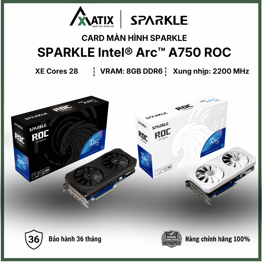 Card màn hình VGA Intel® Arc™ A750 8GB GDDR6 ROC OC Edition Luna SPARKLE, 2 fans - Bảo Hành 3 năm