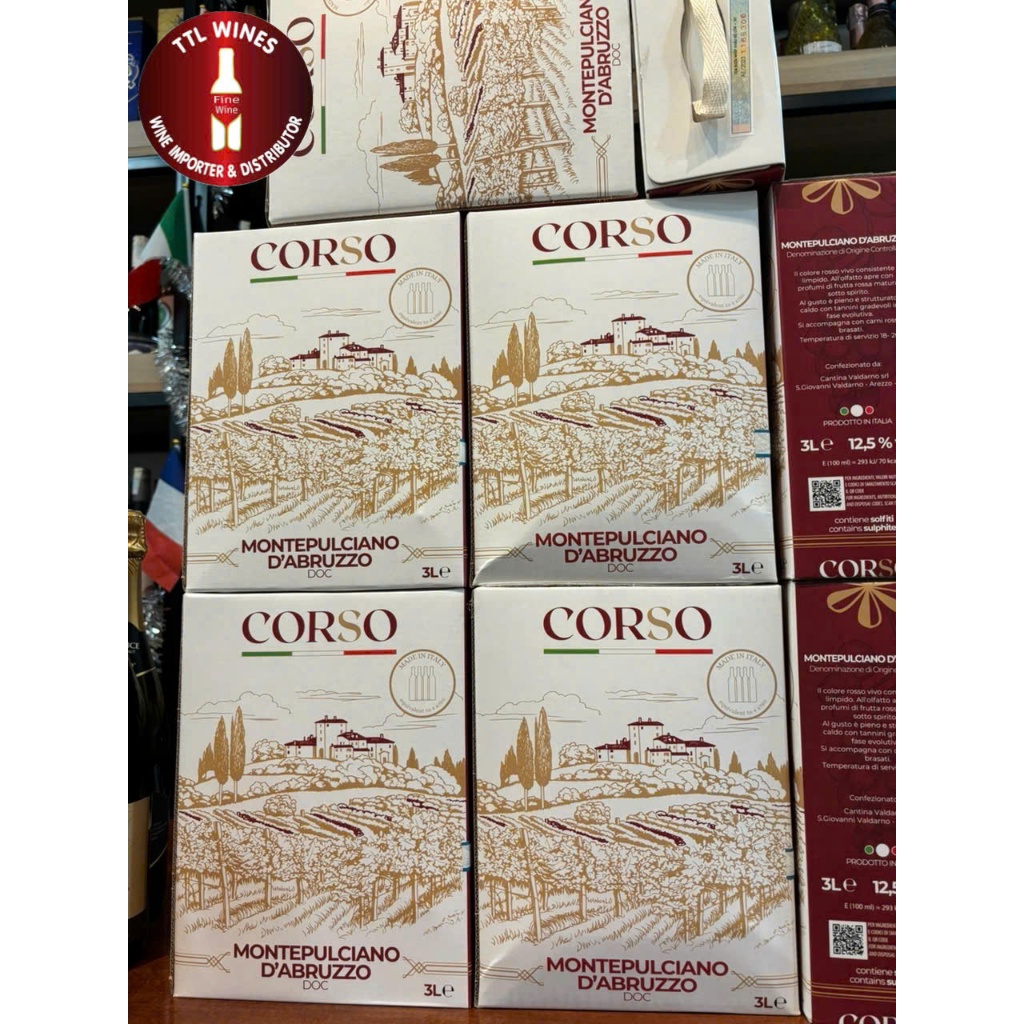 [Nhập khẩu nguyên bịch] Rượu vang đỏ Ý Corso Montepulciano D’Abruzzo - bịch 3 lít