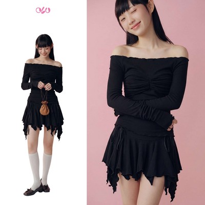 Set OLV áo và chân váy trễ vai Black Off Shoulder Ruched Mini Set phù hợp đi chơi đi tiệc