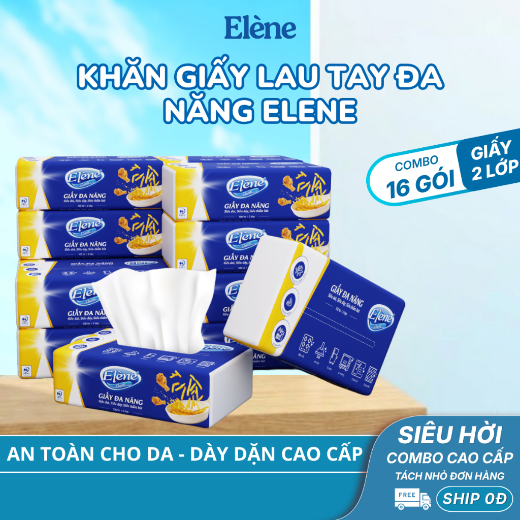 COMBO 10/16 GÓI Khăn GIấy Lau Tay Đa Năng Rút Elene 100 Tờ 2 Lớp Thấm Hút Tốt, Tiện Lợi, An Toàn