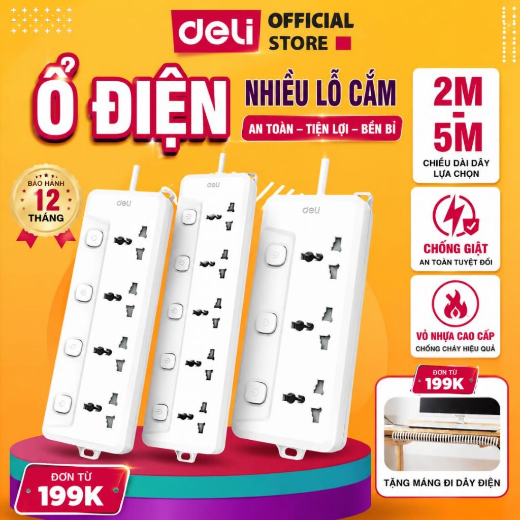 Ổ Cắm Điện DELI Nhiều Lỗ Cắm (4-8 Lỗ) Ổ Điện Chiều Dài Dây 2m/3m/5m Nút Bảo Vệ Quá Áp Công Suất 2500