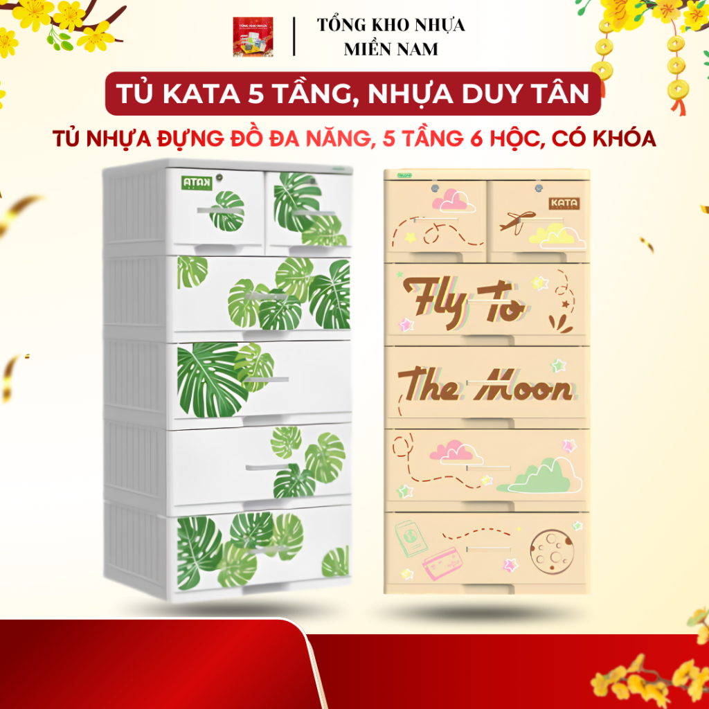 Tủ Kata 5 Tầng, Nhựa Duy Tân, Tủ nhựa 5 tầng 6 hộc đựng đồ đa năng tiện lợi, có bánh xe có khóa