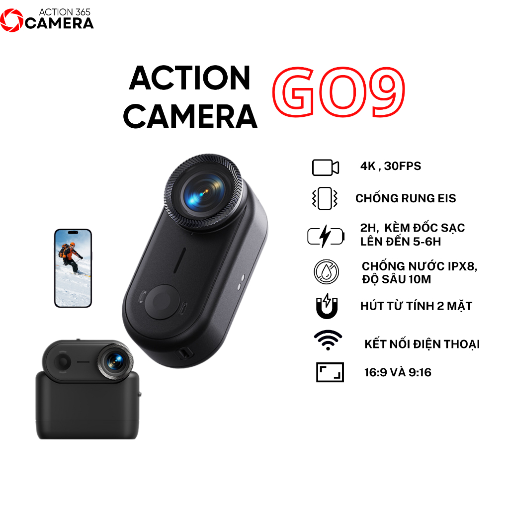 Camera hành động,thể thao,hành trình Go9 ghi hình sắc nét 4K/30fps, góc rộng,chống rung, kết nối wif