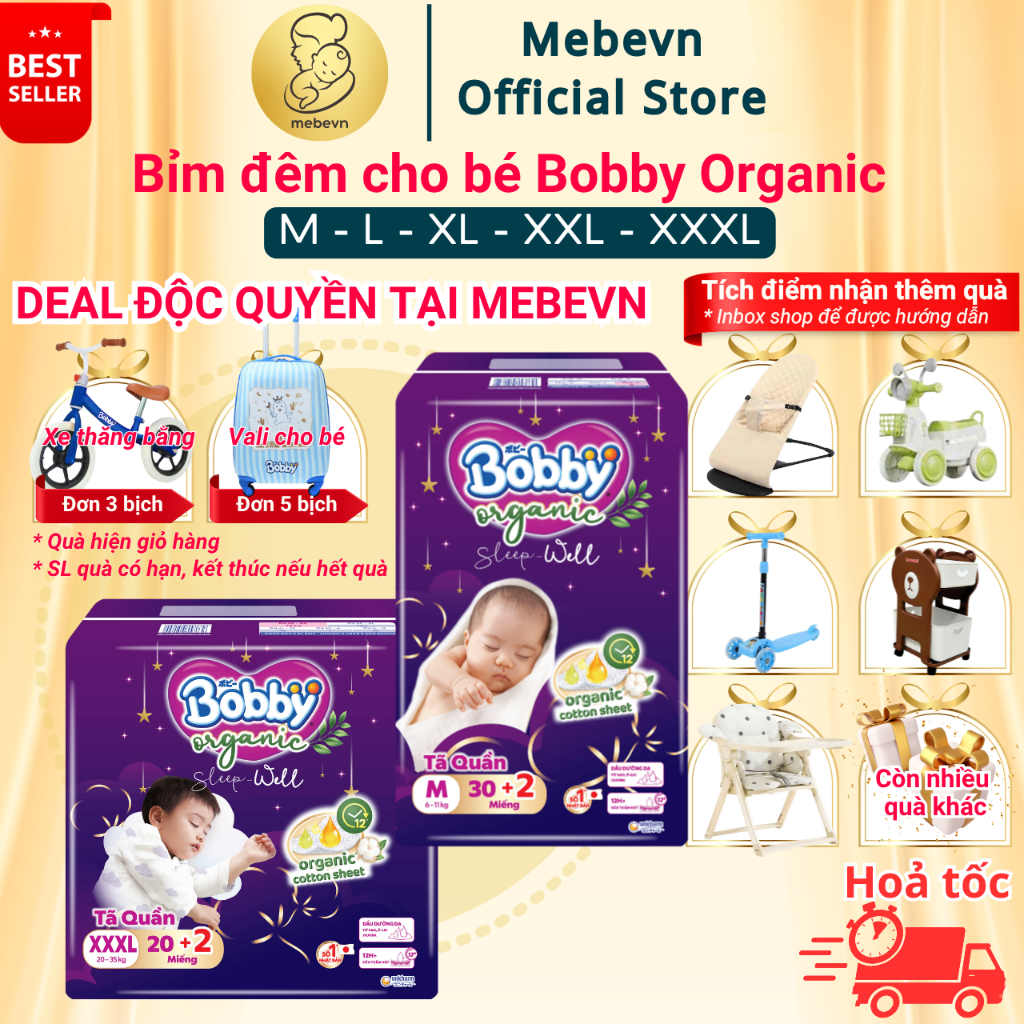 Bỉm đêm cho bé Bobby Organic cao cấp, bỉm bobby quần chính hãng siêu thấm hút đến 12 tiếng
