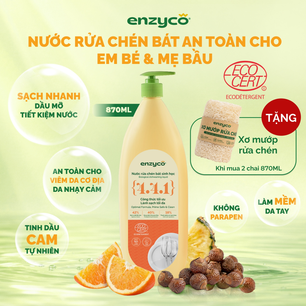 Nước Rửa Chén Bát Ăn Dặm Cho Bé ENZYCO Từ Bồ Hòn Và Dứa Đạt Chứng Nhận ECODETERGENT-ECOCERT, Hương C