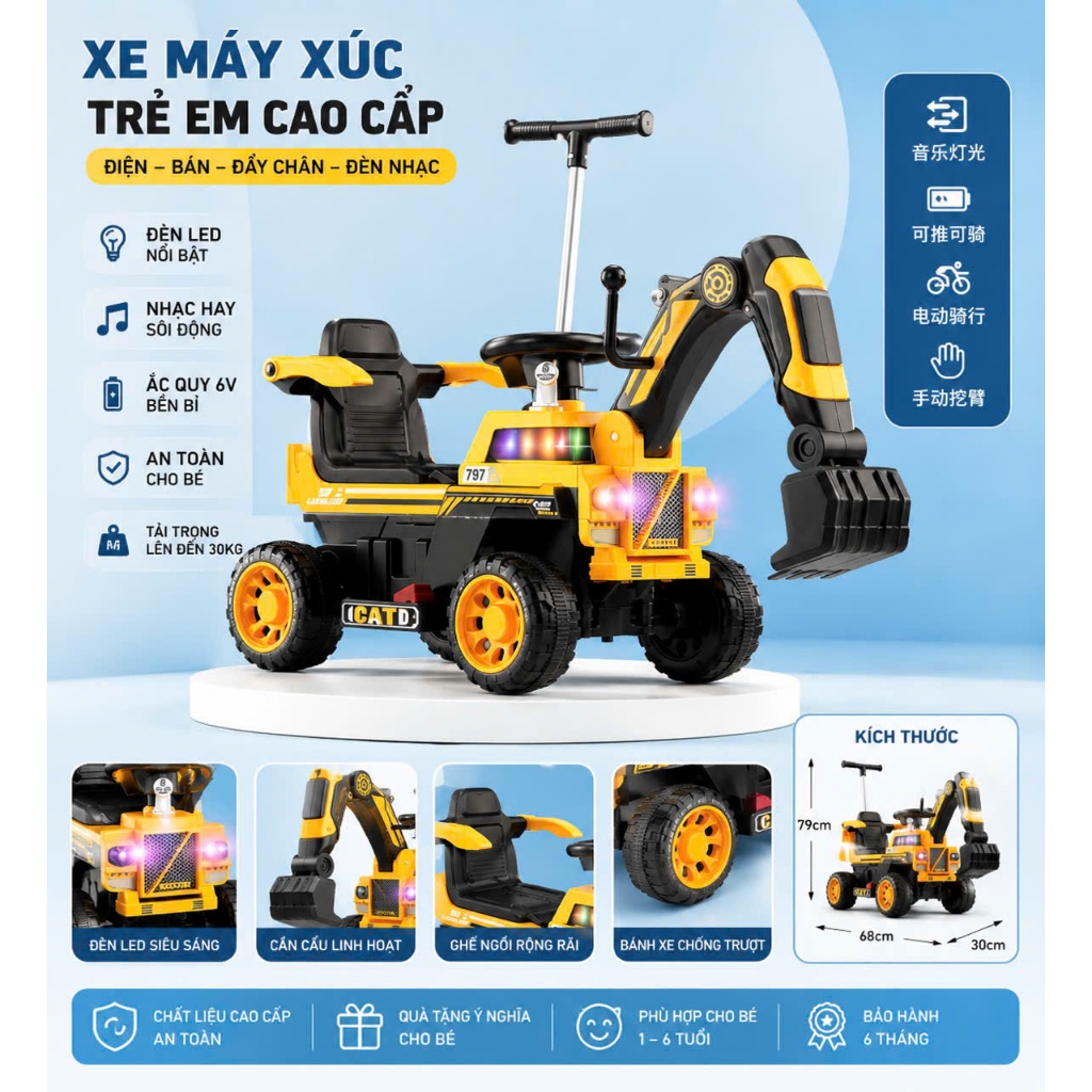 Xe Cẩu Điện Cao Cấp Cho Bé – Tay Đẩy, Dòng Điện 6V7Ah