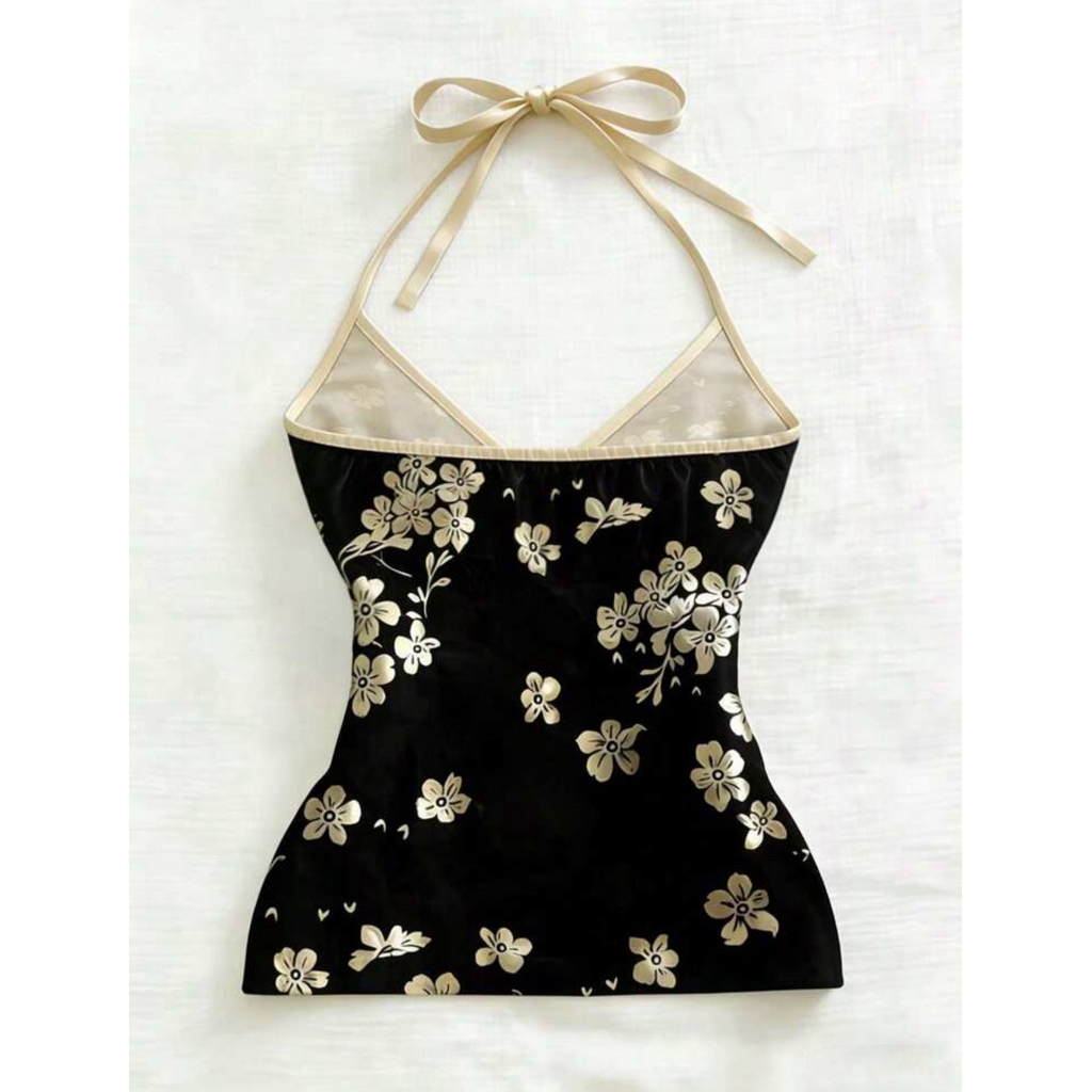 Áo Halter Top Họa Tiết Hoa Phối Viền Satin Y2K CoCoMin | BigBuy360 - bigbuy360.vn
