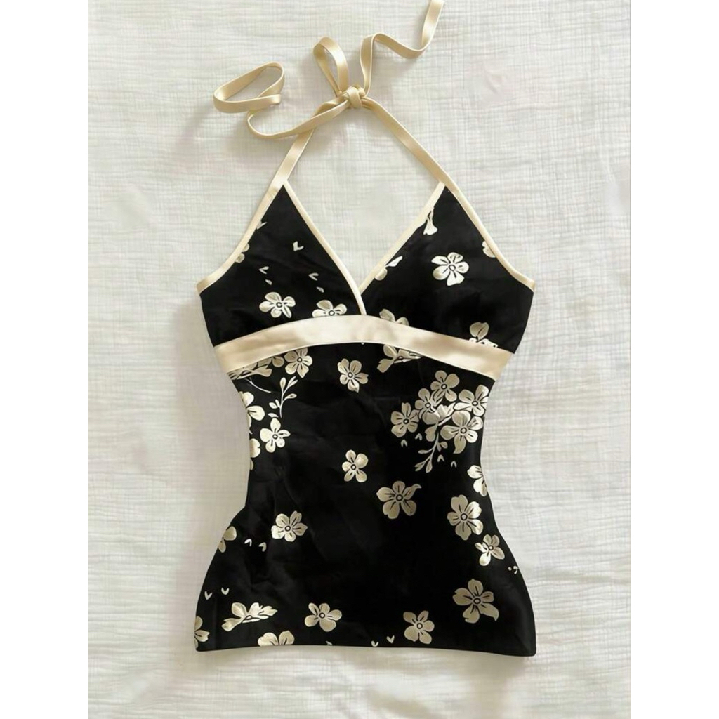 Áo Halter Top Họa Tiết Hoa Phối Viền Satin Y2K CoCoMin | BigBuy360 - bigbuy360.vn