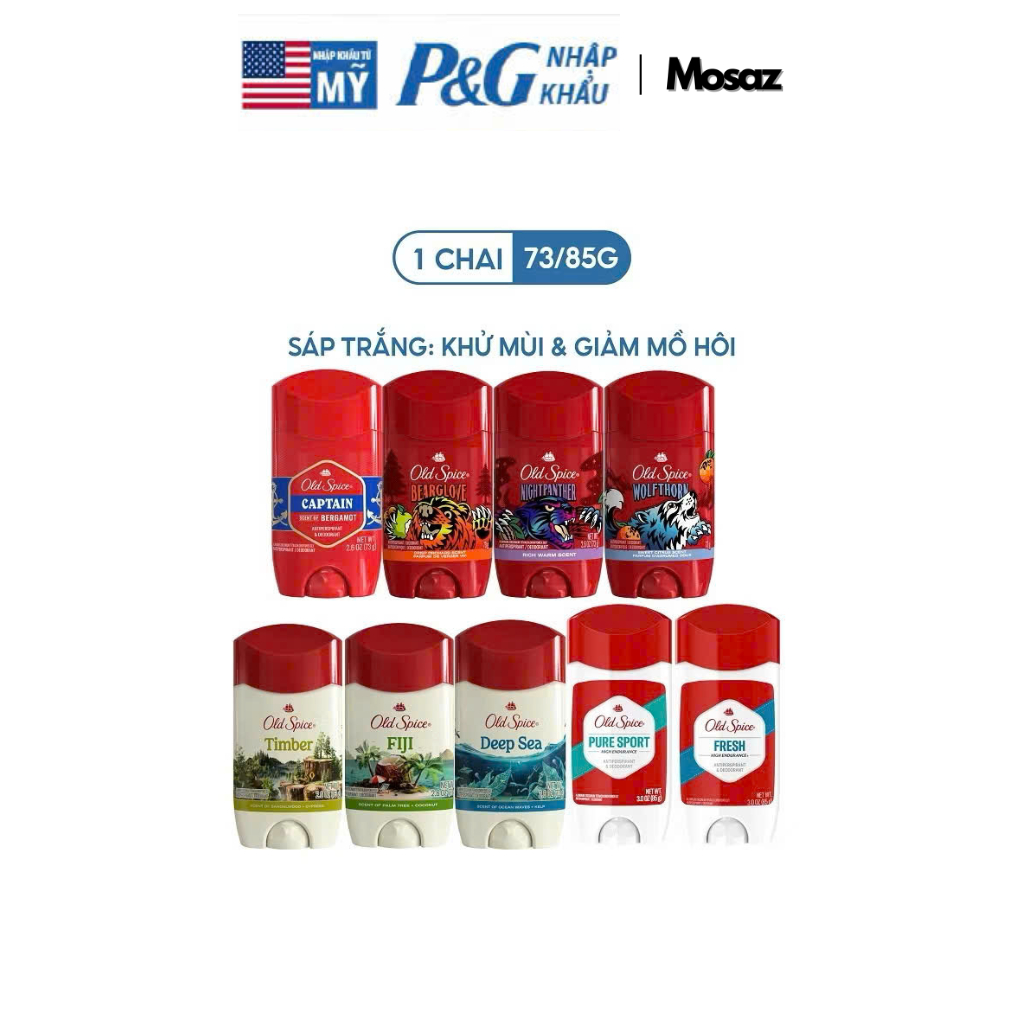 Sáp Khử Mùi & Ngăn tiết Mồ hôi Old Spice nhiều mùi hương 73g/85g (Sáp trắng)