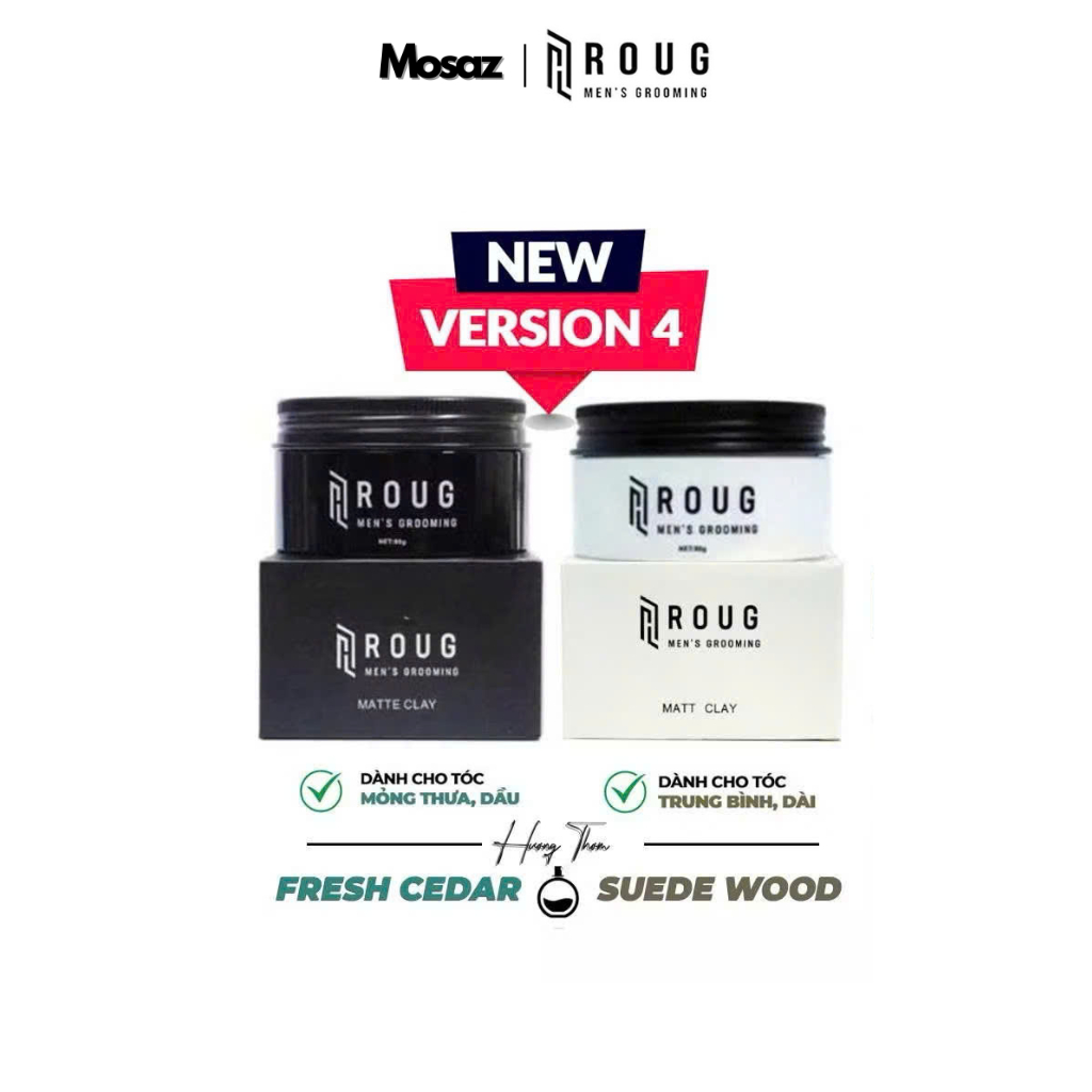 Sáp vuốt tóc nam giới Roug Matte Clay 90gr màu đen , Matt Clay 90gr màu trắng