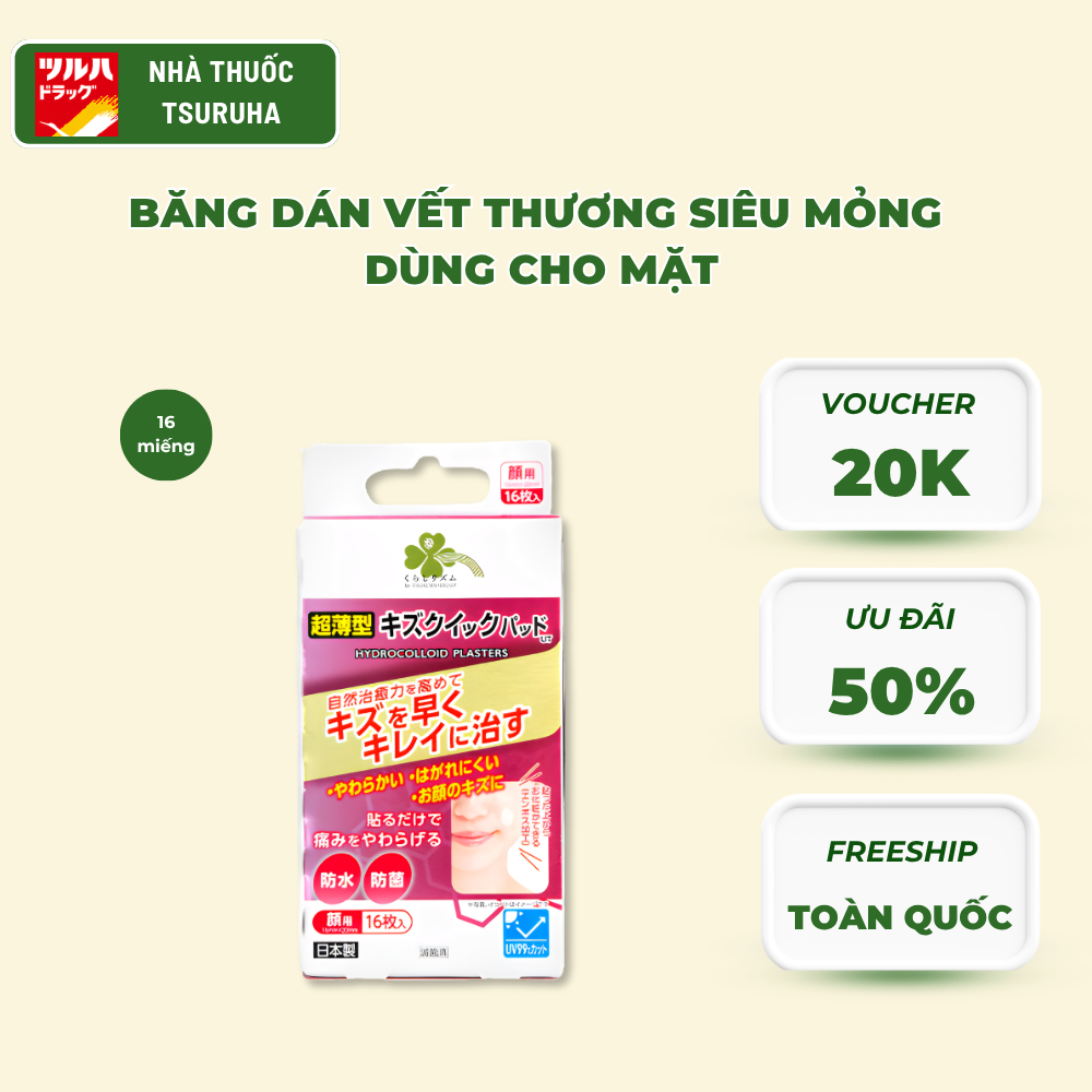 Băng Dán Vết Thương Siêu Mỏng Dùng Cho Mặt KURASHI RHYTHM Hydrocolloid Plasters For Face 16 Miếng