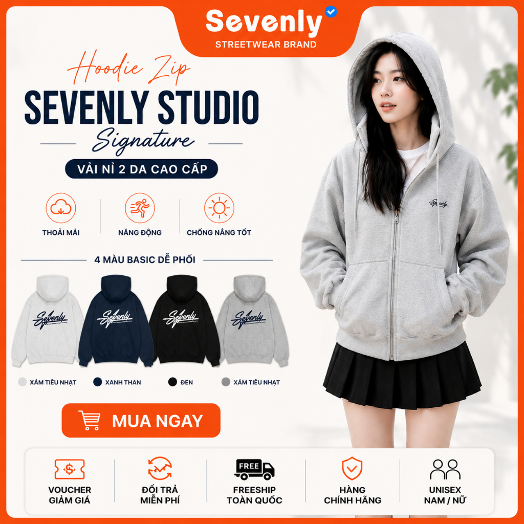 Áo Hoodie Zip Sevenly Studio Vải Nỉ 2 Da Không Xù Chống Nắng Tốt/ Signature Two