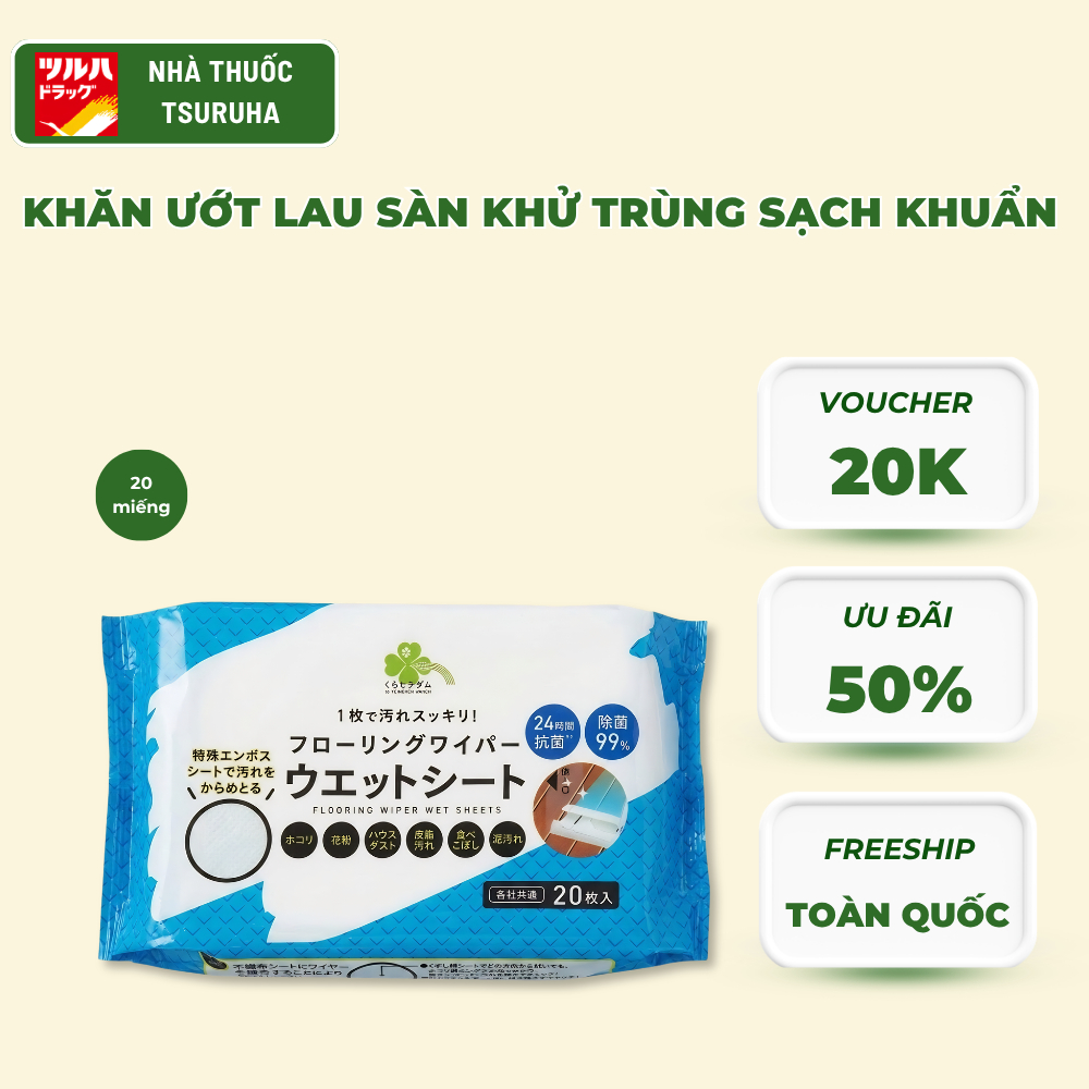 Khăn Ướt Lau Sàn Khử Trùng Sạch Khuẩn KURASHI RHYTHM Floor Wiper Wet Sheets 20 Miếng