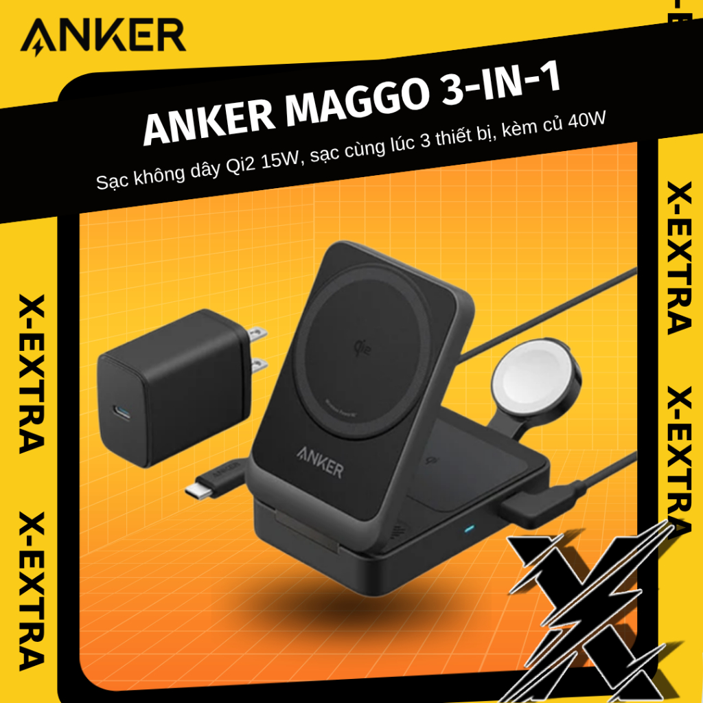 Đế Sạc Không Dây Anker MagGo 3-in-1 A2557 Qi2 15W – Sạc iPhone, Apple Watch, AirPods Kèm Củ Sạc USB-