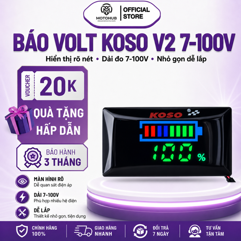 Đồng hồ đo volt Koso V2 7–100V – Kèm pat nhựa đỏ gắn, hiển thị % điện áp chính xác