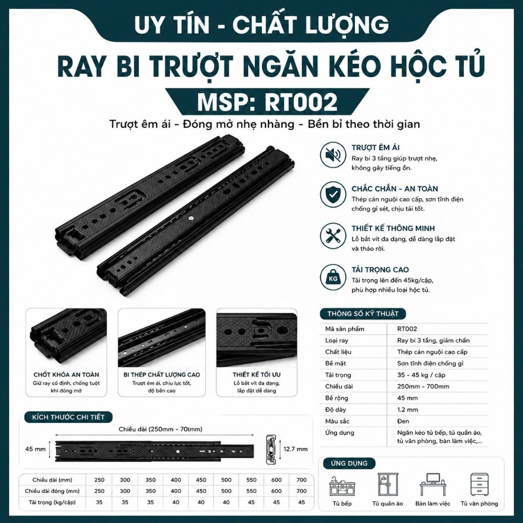 Ray Bi Trượt Ngăn Kéo Inox Cao Cấp, Ray Bi Trượt Ngăn Kéo RT002