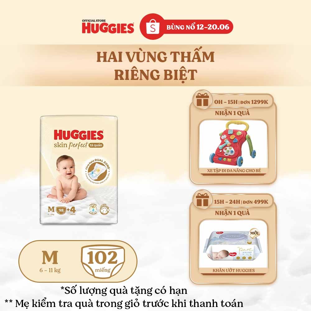 Tã quần Huggies Skin Perfect Mega Jumbo M98/ L88/XL72+4/XXL64+4 với 2 vùng thấm giảm kích ứng da