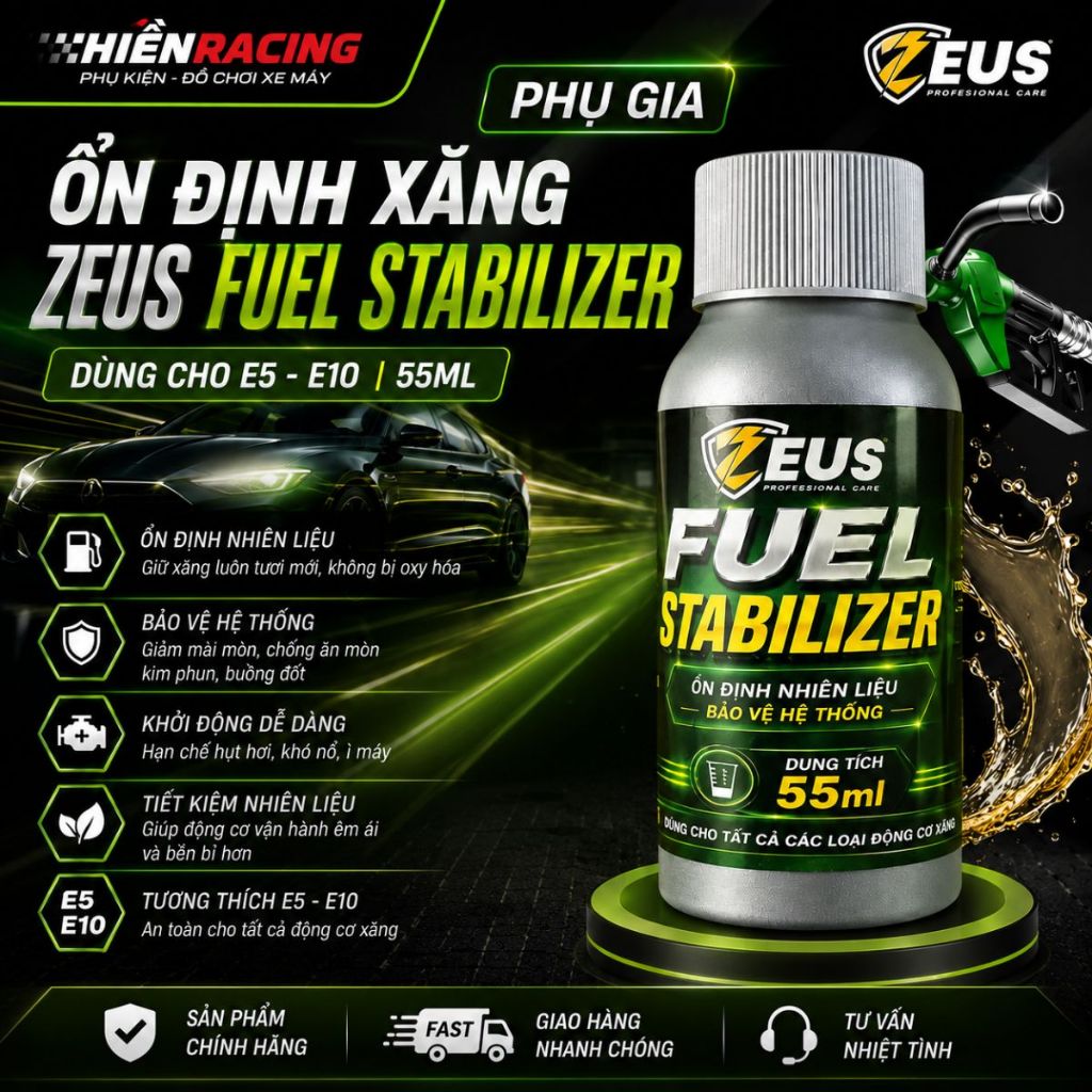 Phụ Gia Ổn Định Xăng Zeus Fuel Stabilizer 55ml Cho Xăng E5 E10, Bảo Vệ Hệ Thống Nhiên Liệu