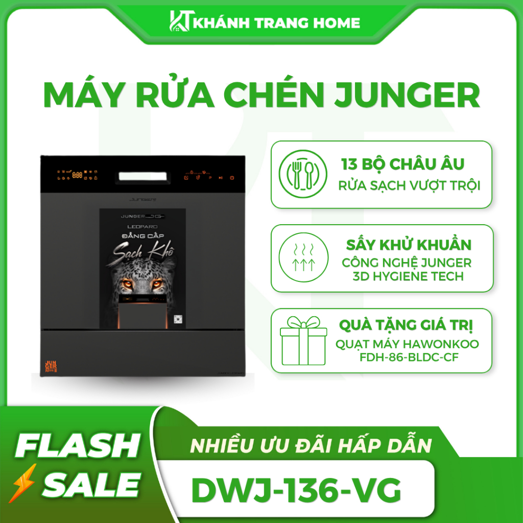Máy rửa chén Junger Leopard DWJ-136-VG chính hãng, sấy khô diệt khuẩn UV - Khánh Trang Home