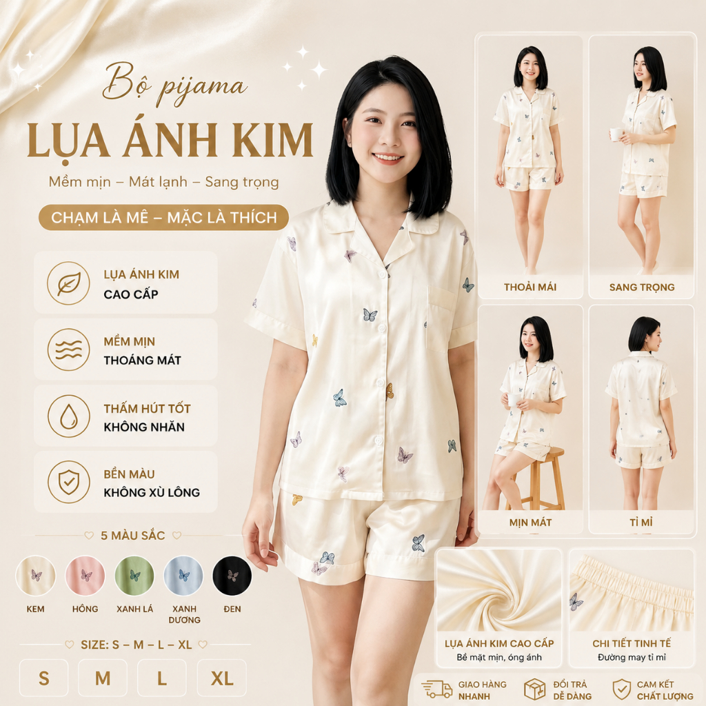 Bộ Đồ Ngủ Nữ Lụa Ánh Kim Họa Tiết Bướm Quần Short Áo Ngắn Tay Pijama Mặc Nhà Cao Cấp