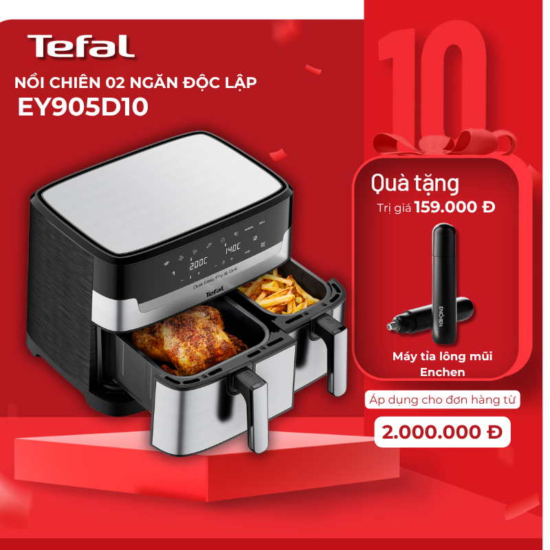 Nồi chiên không dầu điện tử 2 ngăn Tefal Dual Easy Fry & Grill EY905D10 - Bảo Hành Chính Hãng 02 Năm