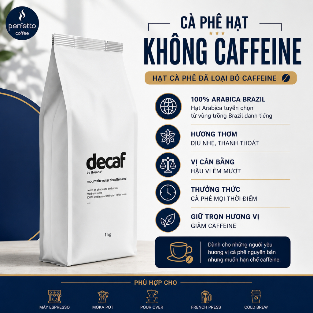 Cà Phê Hạt Decaf Arabica Brazil 1Kg - Tách Caffeine - Sản Xuất tại Úc