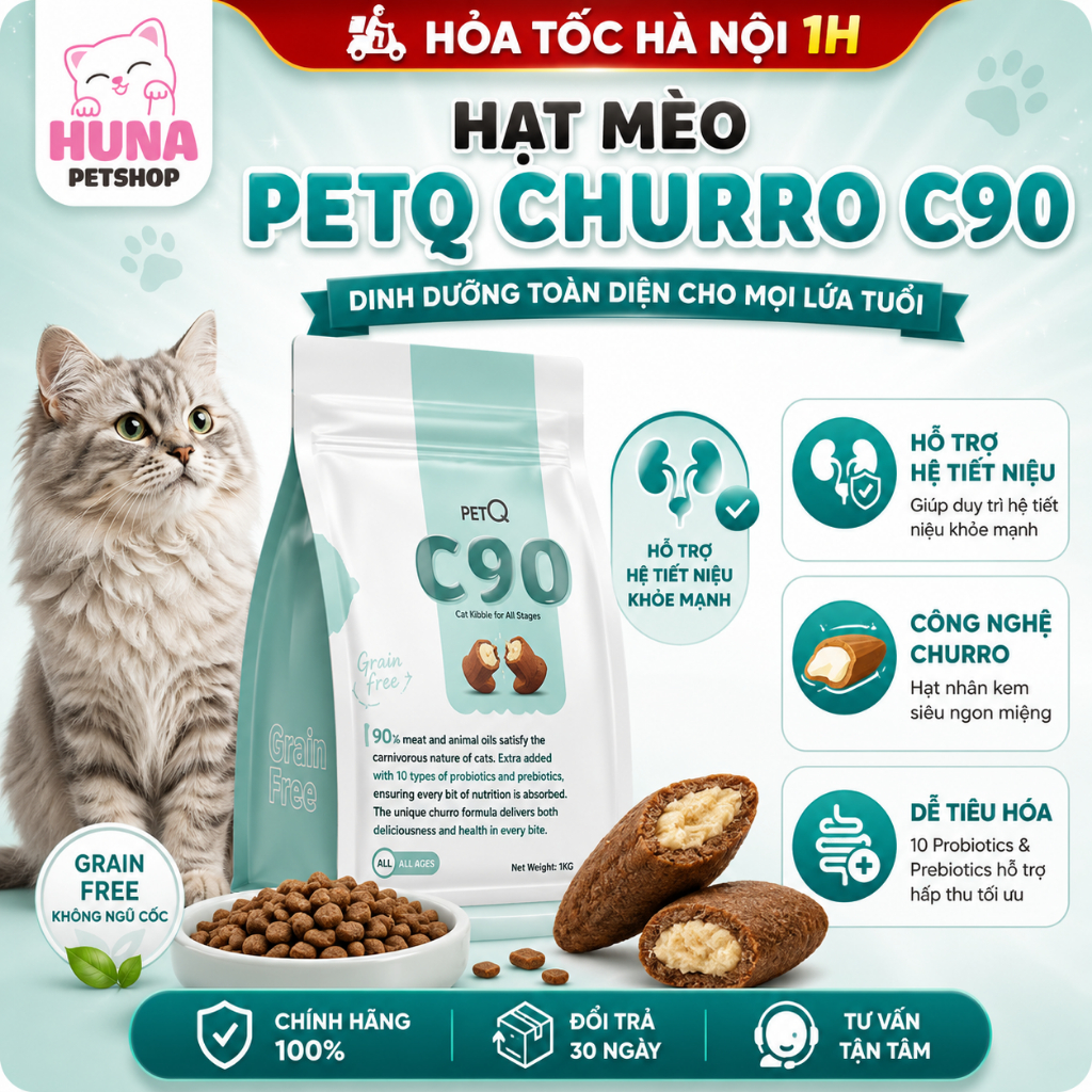 THỨC ĂN HẠT CHO MÈO CHURRO C90 – C90K – C90U PETQ  HẠT CÓ NHAN 90% THỊT – TIÊU HOÁ TỐT – TIẾT NIỆU