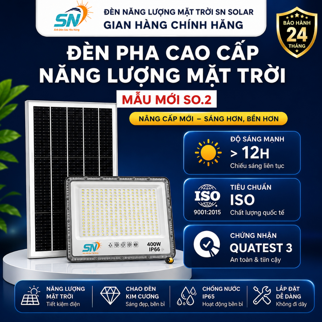 Đèn Năng Lượng Mặt Trời SN SOLAR Siêu Sáng Loại Pha Thế Hệ 400W IP68 Chống nước ngoài trời