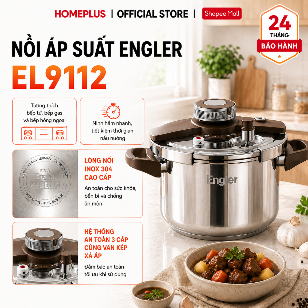 Nồi Áp Suất Engler EL9112 Dung Tích 6L Inox 304 Dùng Trên Mọi Loại Bếp An Toàn Cho Gia Đình