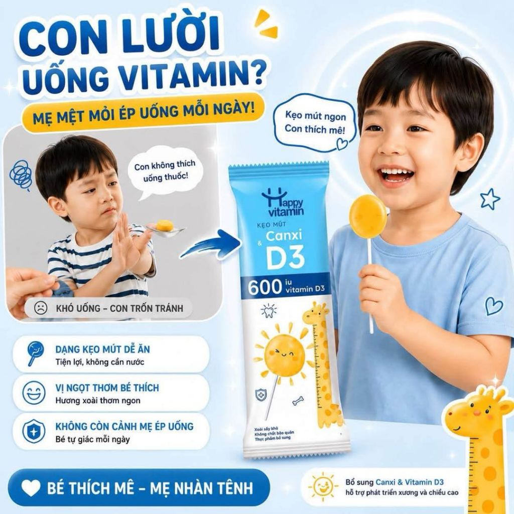 Kẹo mút Canxi và D3 cho bé. Giúp Xương Răng Chắc Khỏe, Tăng Đề Kháng,Miễn Dịch Happy Vitamin Hộp 25 