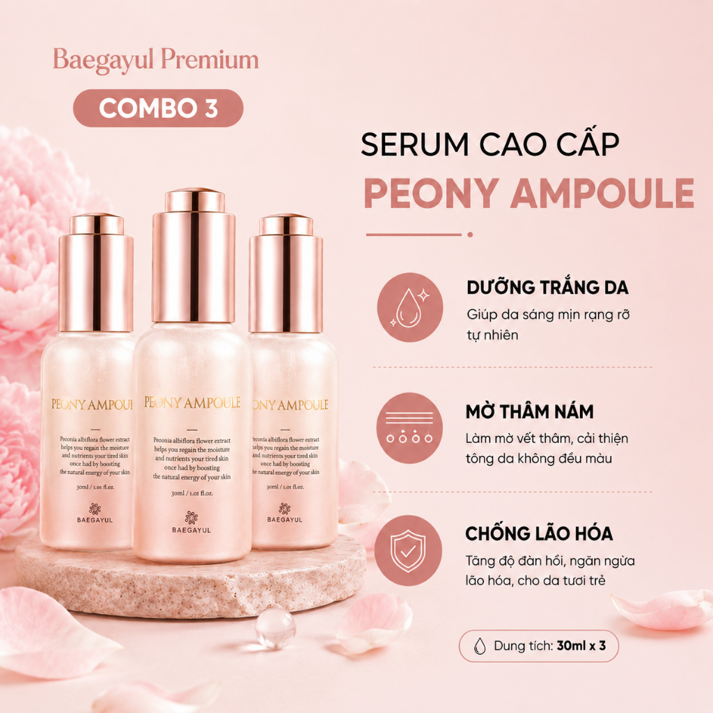 [CHÍNH HÃNG] COMBO 3 LỌ SERUM PEONY AMPOULE BAEGAYUL HÀN QUỐC DƯỠNG TRẮNG MỜ THÂM NÁM CHỐNG LÃO HÓA 