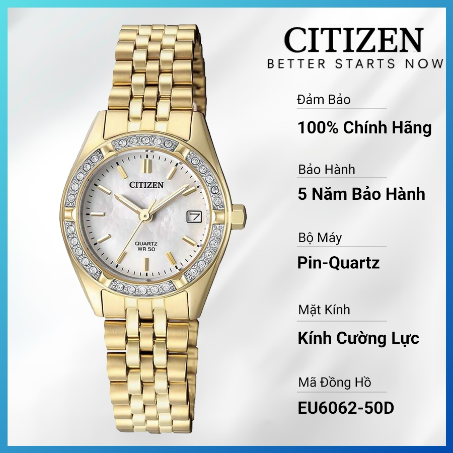 Đồng Hồ Nữ Citizen Pin-Quartz Đính Đá Swarovski Dây Thép Không Gỉ EU6062-50D - Mặt Xà Cừ (26mm)