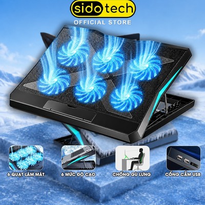 Đế tản nhiệt laptop gaming 6 quạt  SIDOTECH Q3PRO giá đỡ laptop chống ồn chỉnh tốc độ gió làm mát nhanh led gaming