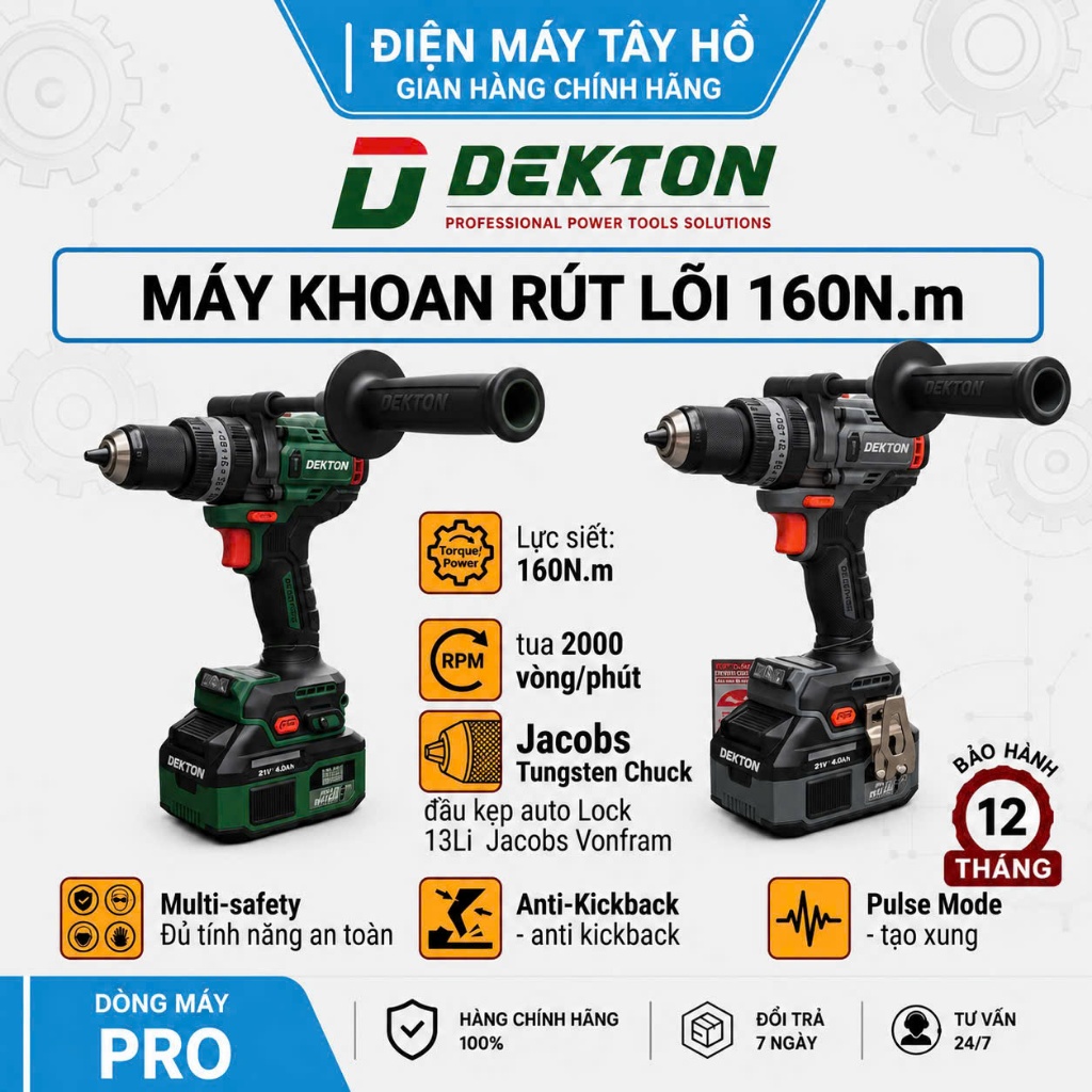 Máy Khoan Rút Lõi 160Nm DEKTON_ID13160PROMAX, Chân pin phổ thông.