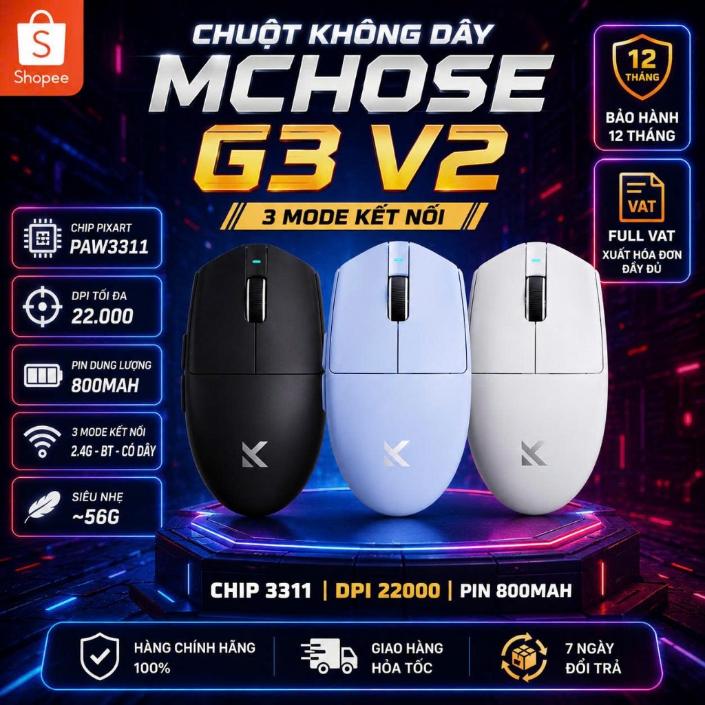 Chuột gaming MCHOSE G3 V2 | 3 mode, 12000 DPI, 59g, Đen - CHÍNH HÃNG - BẢO HÀNH 12T