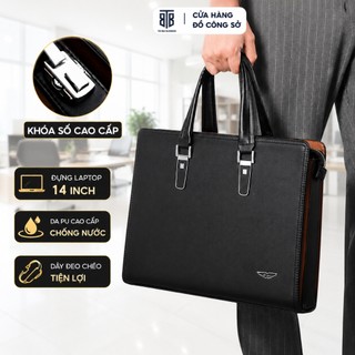 Cặp da nam công sở khóa số bảo mật đựng máy tính laptop 14 inch giấy tờ A4 da PU cao cấp chống nước trầy xước