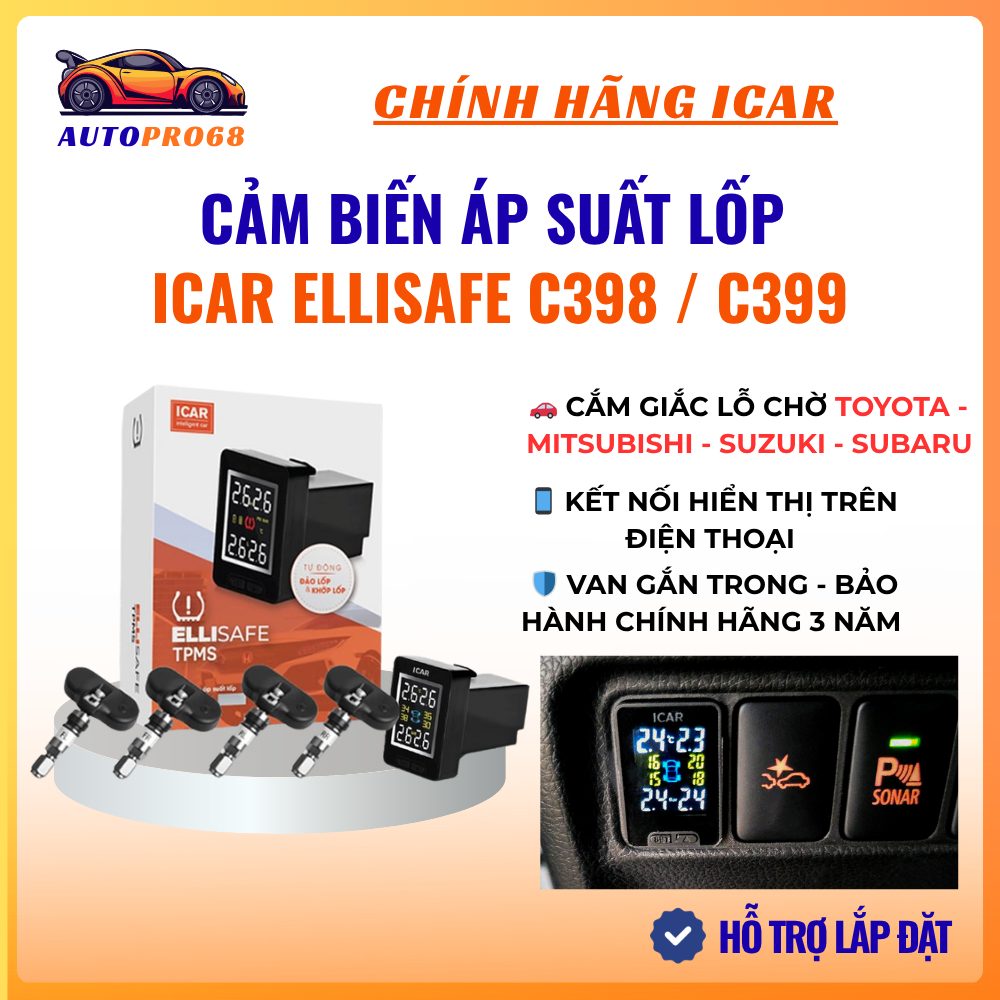 Cảm Biến Áp Suất Lốp ICAR Ellisafe C398 C399 Van Gắn Trong Lắp Lỗ Chờ Xe Toyota Mitsubishi Suzuki Su