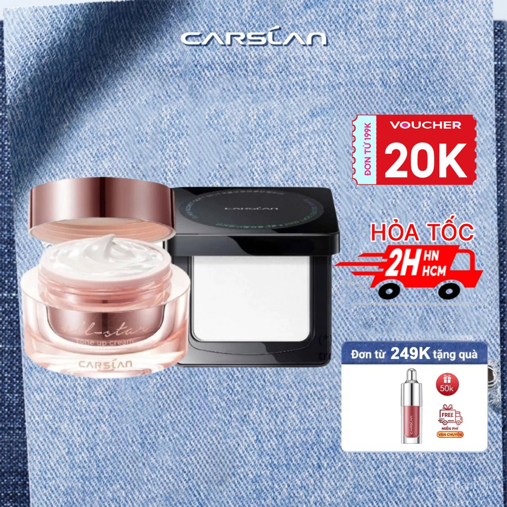 Combo kem lười Carslan nền mịn nhanh chóng + phấn nén Carslan kiềm dầu, giữ nền lâu trôi