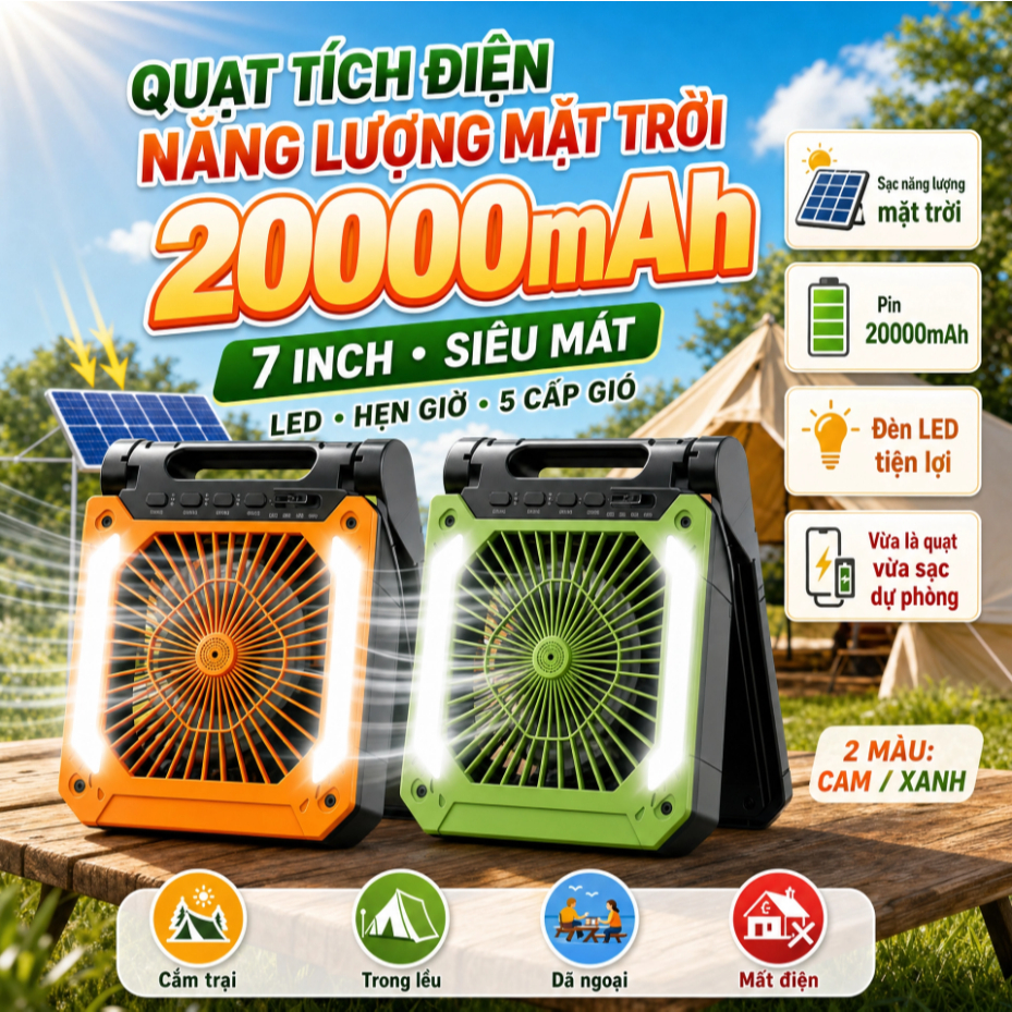 COD Quạt Tích Điện Năng Lượng Mặt Trời 20000mAh 7 Inch, Đèn LED, 5 Cấp Gió, Hẹn Giờ, 2 Màu Cam Xanh